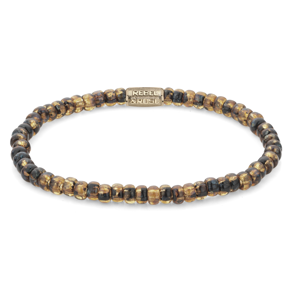 Kralenarmband für Damen aus goldfarbenen und schwarzen Glassteinen mit 4 mm Durchmesser