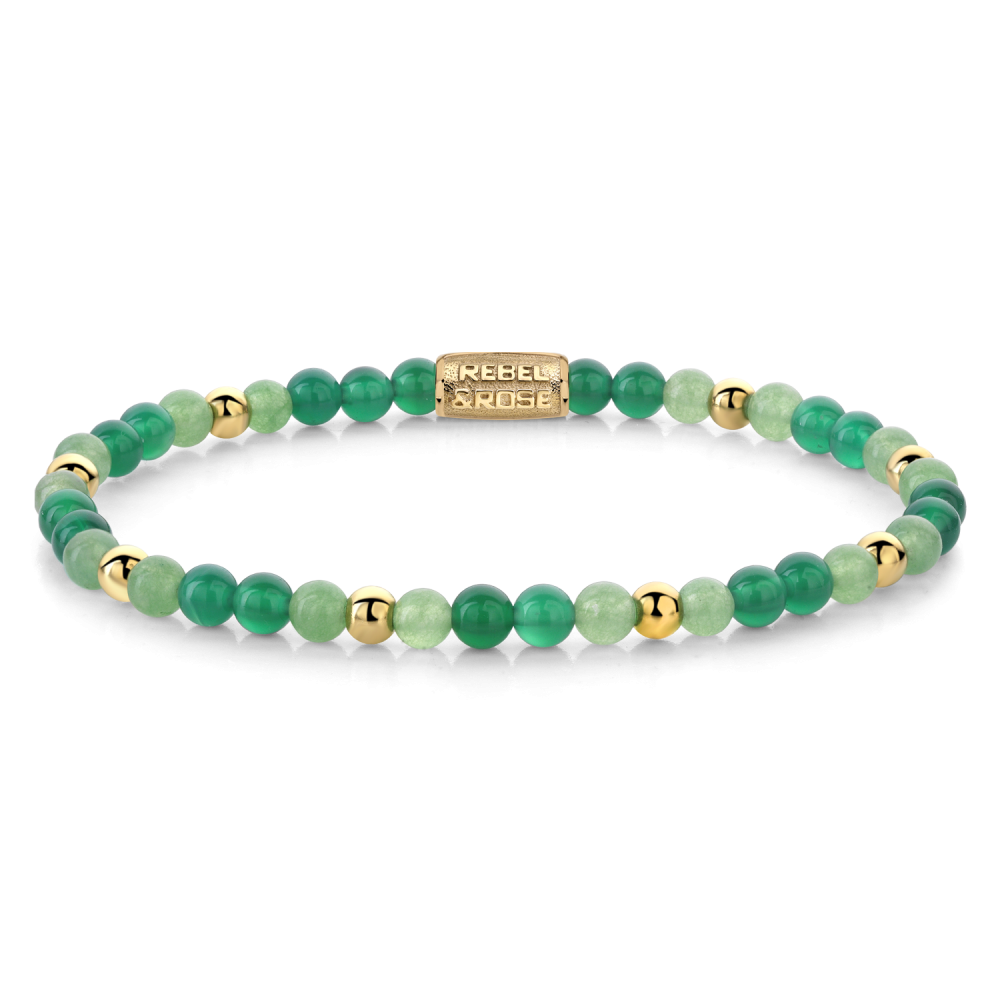 Kralenarmband für Damen mit grünen und goldenen Perlen, 18 ct gelbvergoldet, 4 mm dick