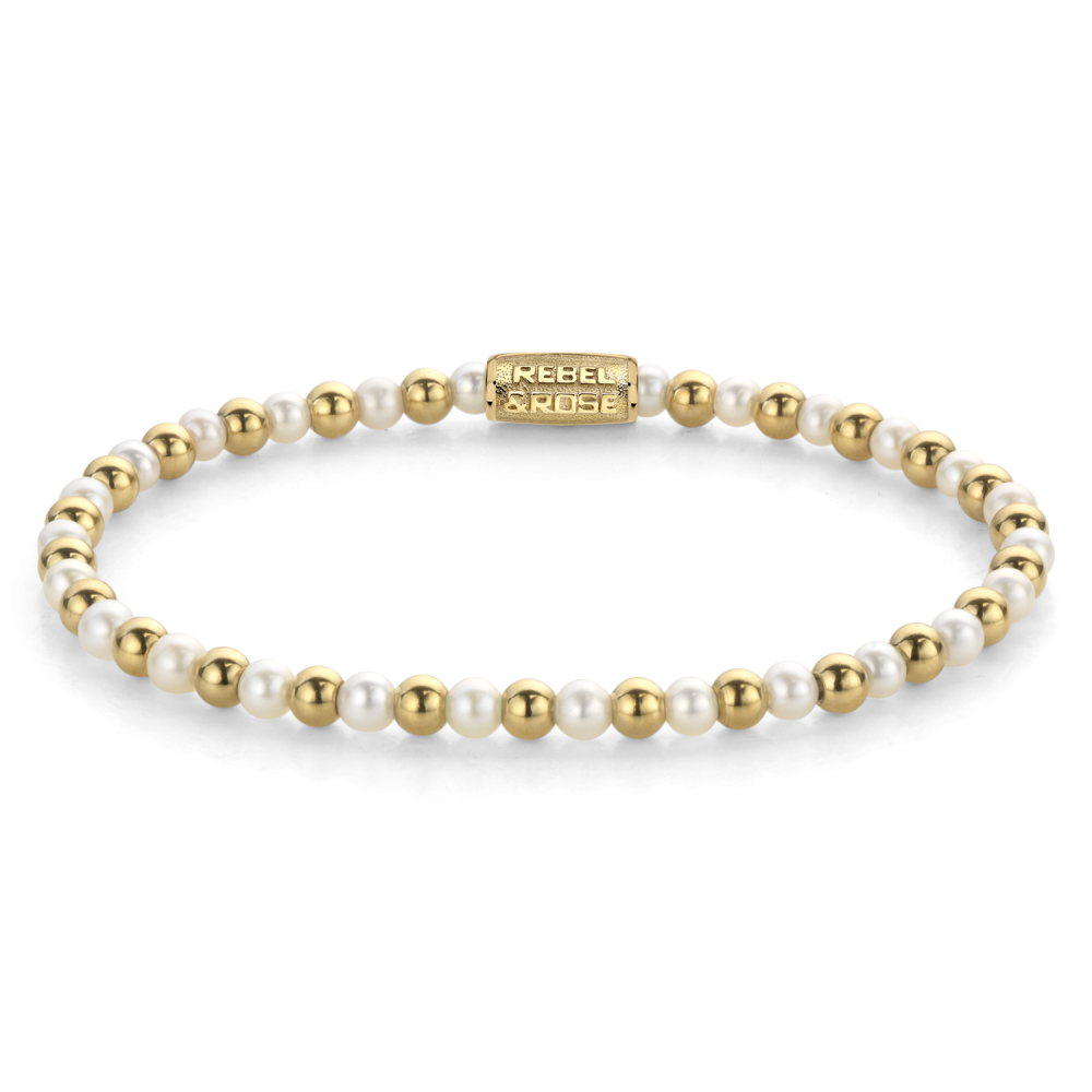 Perlenarmband für Damen mit 4 mm großen weißen Perlen und goldenen Kugeln