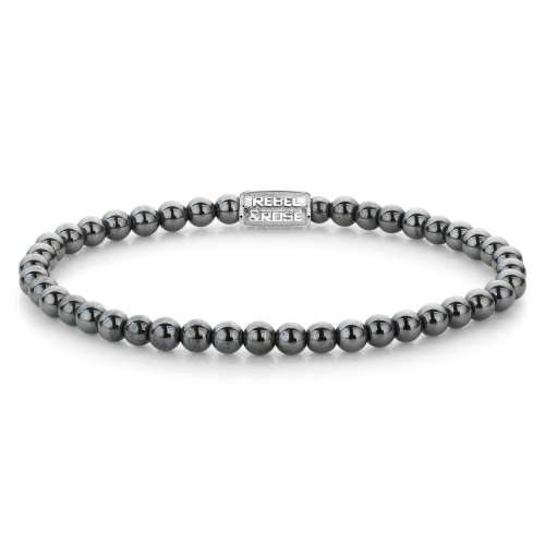 Herren Armband mit grauen Perlen und silbernen Akzenten, 4 mm dick