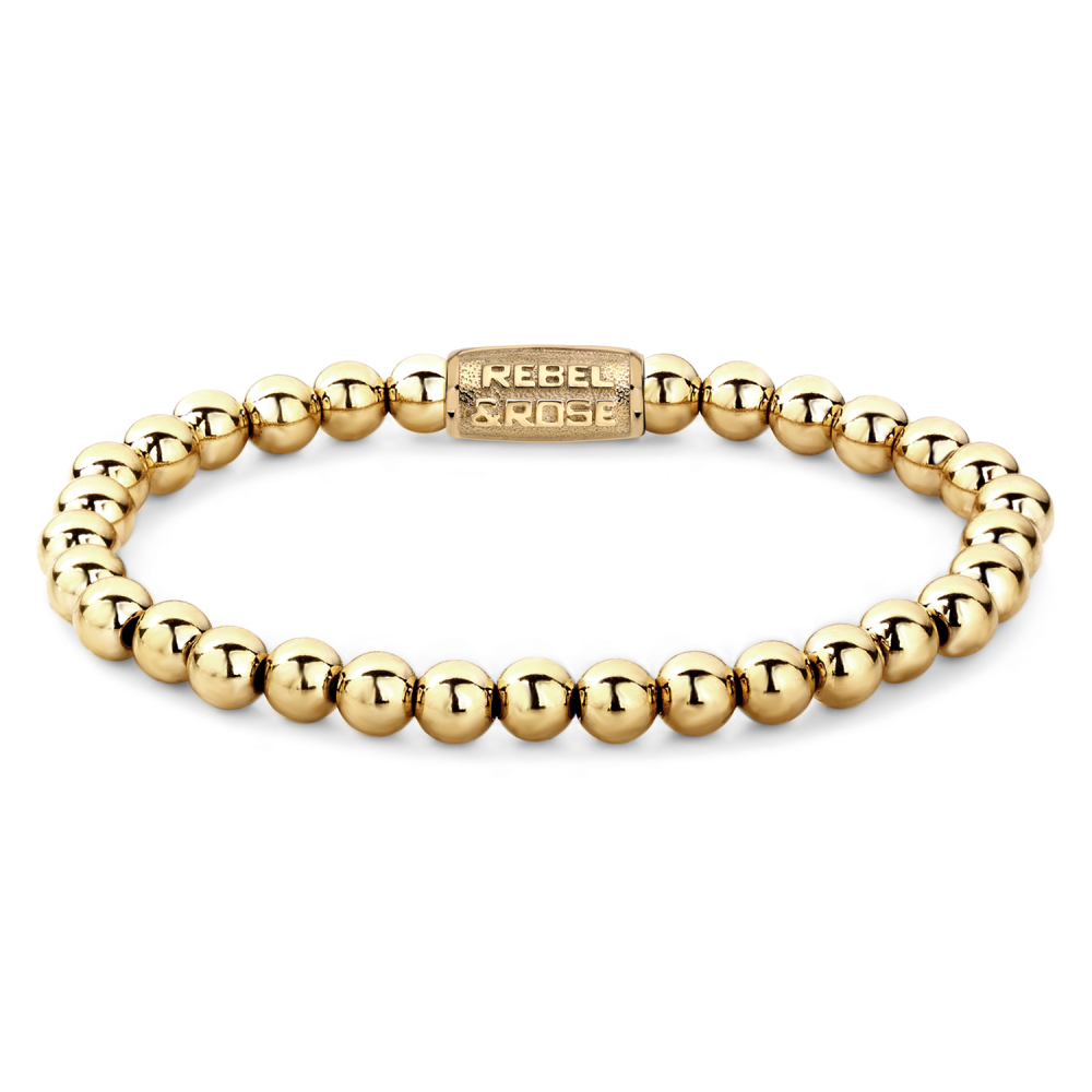 Damenarmband aus gelbem Gold mit 6 mm großen, glänzenden Perlen und einem markanten Verschluss.