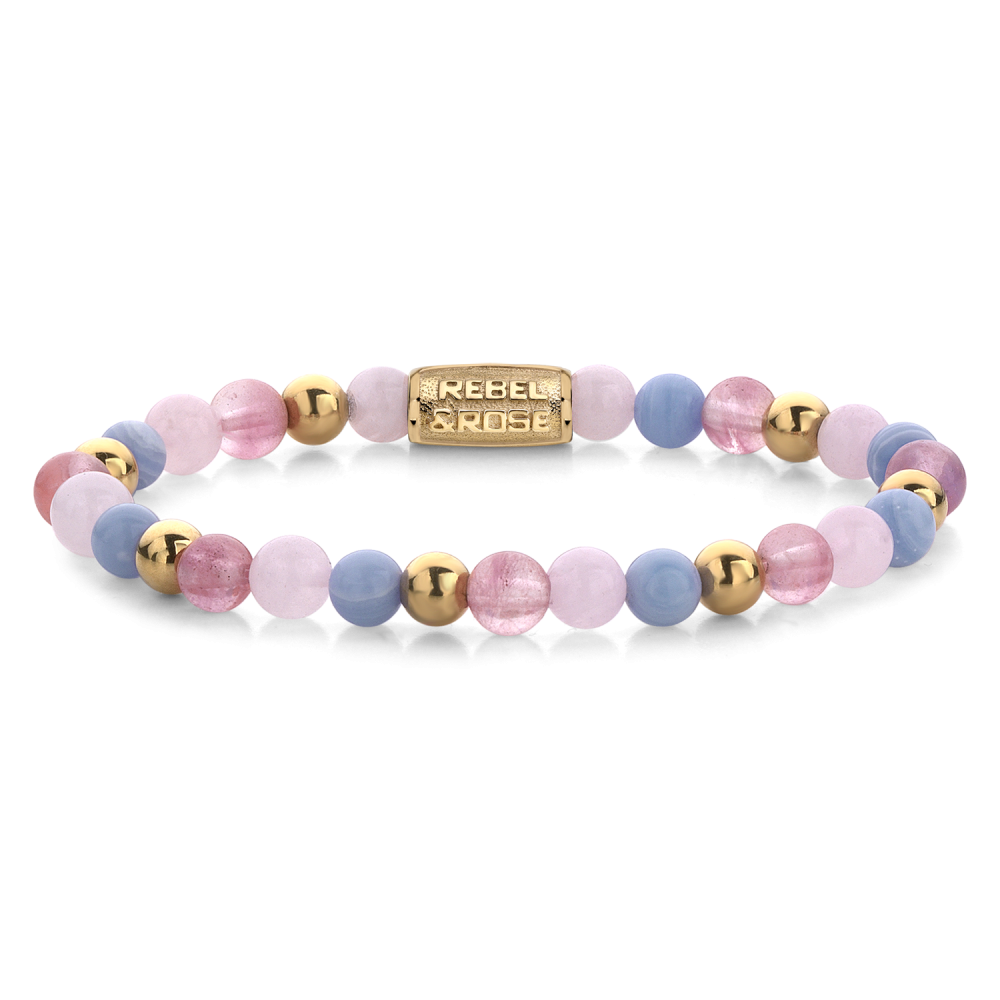 Kettenarmband für Damen mit rosa und blauen Perlen sowie goldenen Akzenten