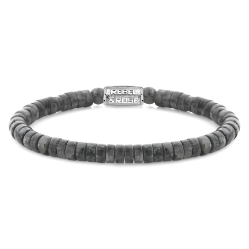 Herren Kettenarmband mit grauen, runden Perlen und silberner Verschlussplatte