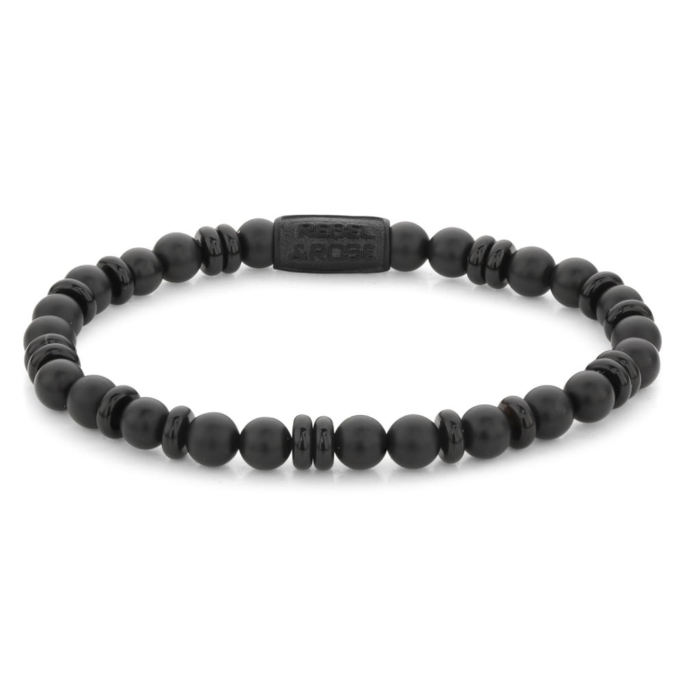 Herren Armband aus schwarzen Perlen mit 6 mm Durchmesser und verschiedenen Strukturen