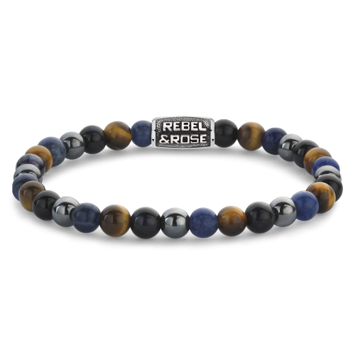 Herrenarmband mit blauen und schwarzen Perlen, 6 mm, mit silbernem Logo-Element