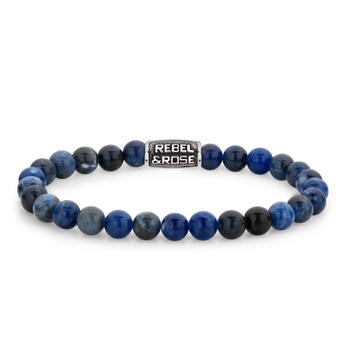 Herrenarmband mit blauen und schwarzen Steinen sowie einem silbernen Element in der Mitte