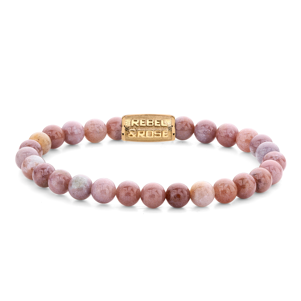 Kugelkette für Damen mit rosafarbenen Perlen und goldfarbener Plakette