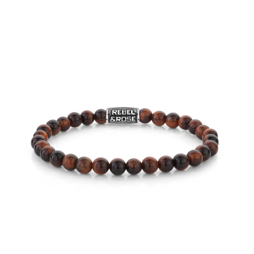 Herrenarmband aus 6 mm Tigerauge-Perlen in Rot- und Brauntönen mit silbernem Verschluss
