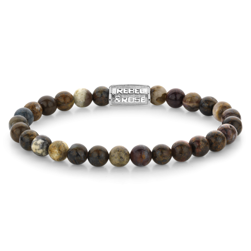 Herren Kettenarmband mit 6 mm großen, mehrfarbigen Steinkugeln und silberner Zwischenperle