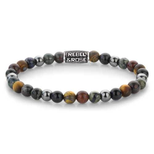 Herren Kettenarmband mit 6 mm bunten Edelsteinen und silberner Zwischenperle