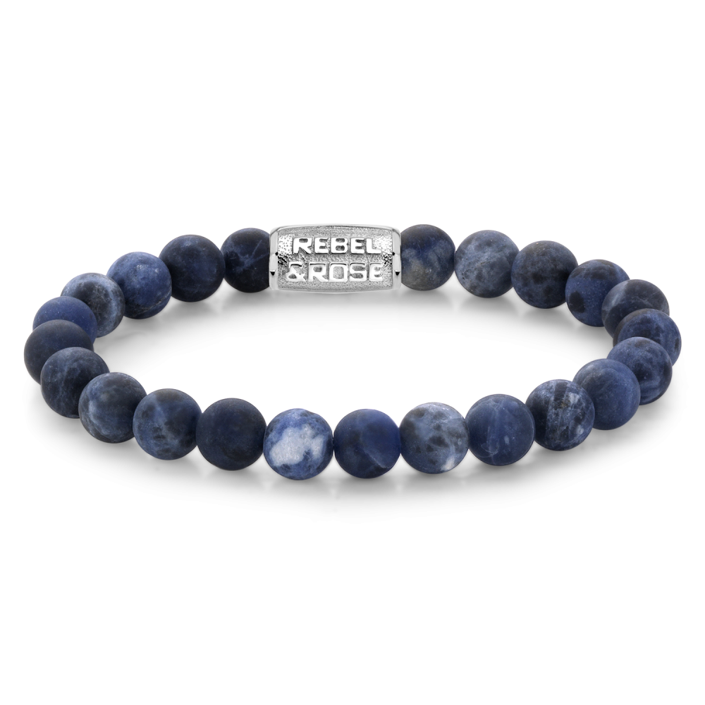 Herren Kettenarmband mit 8 mm blauen Steinen und silberner Plakette