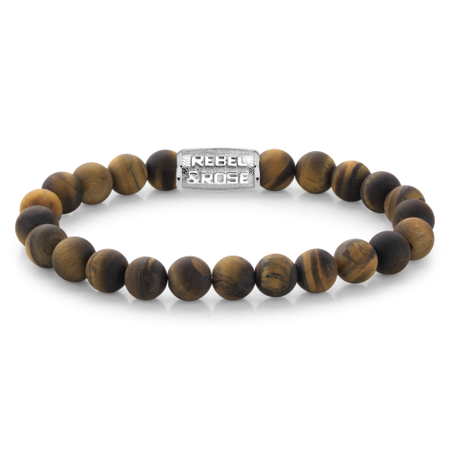 Herrenarmband aus 8 mm Tigerauge-Perlen mit silbernem Logo-Element