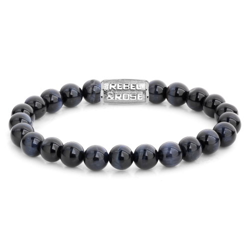 Herrenarmband mit 8 mm Tigerauge-Perlen und silbernem Element mit gravierter Schrift