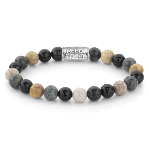 Herrenarmband mit 8 mm großen Perlen in Schwarz, Grau und Beige, mit silberner Plakette