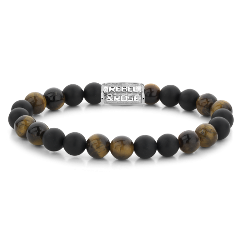 Herren-Kettenarmband mit matten schwarzen und braunen Tigeraugen-Perlen sowie silberner Zwischenplatte