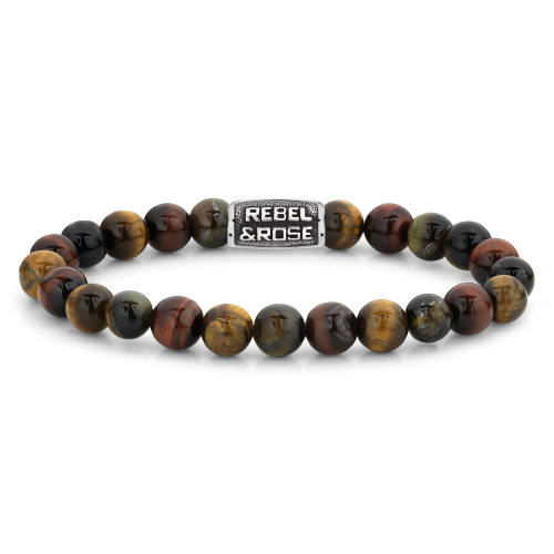 Kugelkette für Herren mit 8 mm großen Tigeraugen- und Onyx-Perlen sowie einem silbernen Verschluss