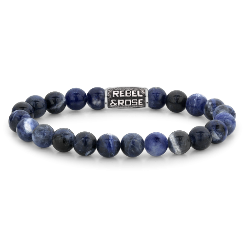 Herrenarmband mit 8 mm blauen Perlen und silbernem Element mit Gravur