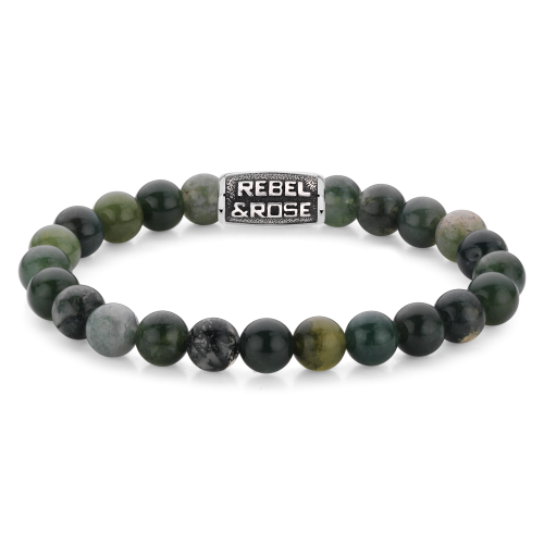 Herren-Kettenarmband mit 8 mm großen, grünen und grauen Edelsteinen und silberner Zwischenperle