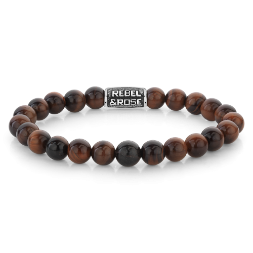 Herrenarmband aus 8 mm Tigerauge-Perlen in braun und schwarz mit silberner Schmuckplatte