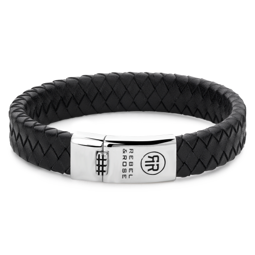 Geflochtenes flaches Armband aus schwarzem Leder mit silberner Verschlussplatte
