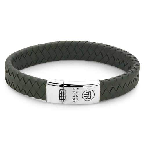 Armband aus geflochtenem 925er Silber mit grünem Leder und silberner Verschlussplatte