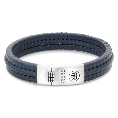 Lederarmband für Herren in Navy mit geflochtenem Design und silberner Verschlussplatte