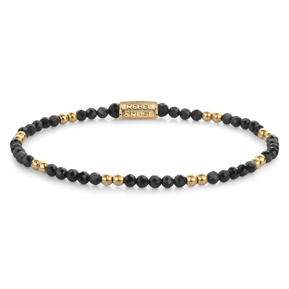 Schwarze und goldene 3mm Perlenarmband für Damen mit glänzenden goldenen Akzenten