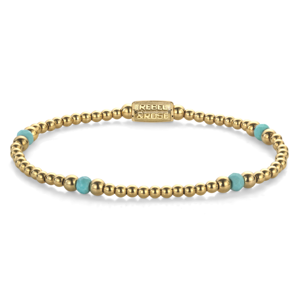 Kettenarmband aus goldfarbenen Perlen mit türkisfarbenen Akzenten