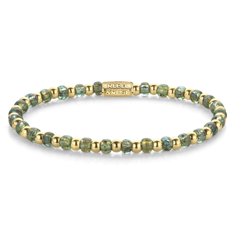 Kralenarmband für Damen mit goldenen und grünen Glassteinen, 4 mm dick