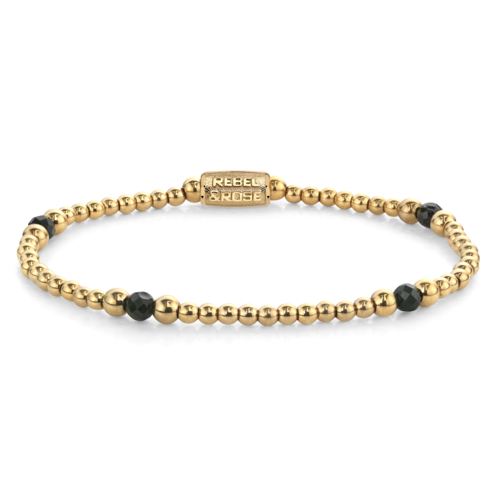 Kugelkette für Damen mit goldenen Perlen und schwarzen Steinen, elastisch und schlicht