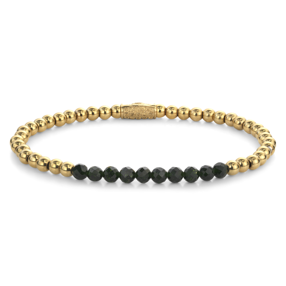 Kettenarmband mit goldenen Perlen und grünen Steinen in der Mitte