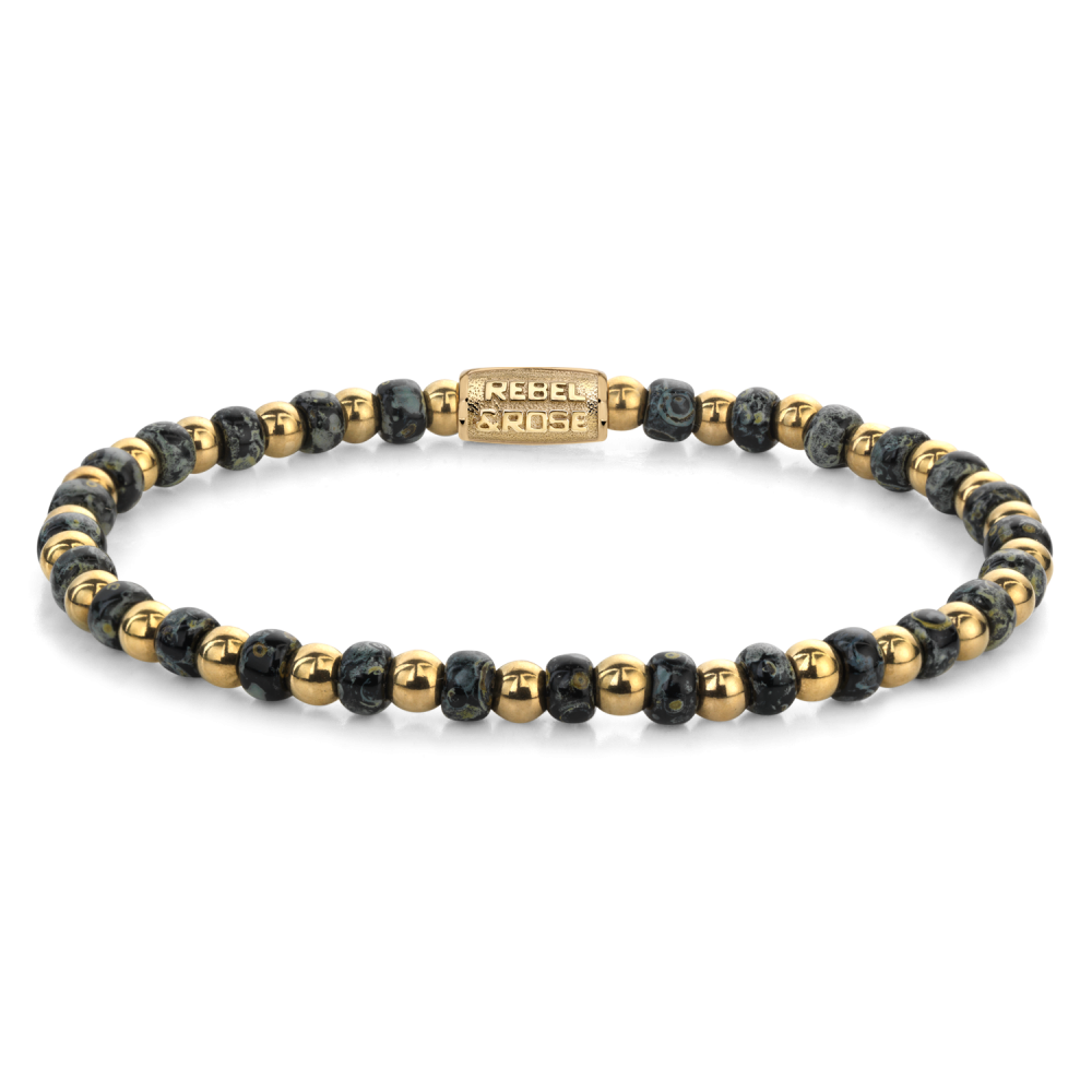 Kralenarmband mit schwarzen Glassteinen und goldenen Metallperlen, 4 mm dick