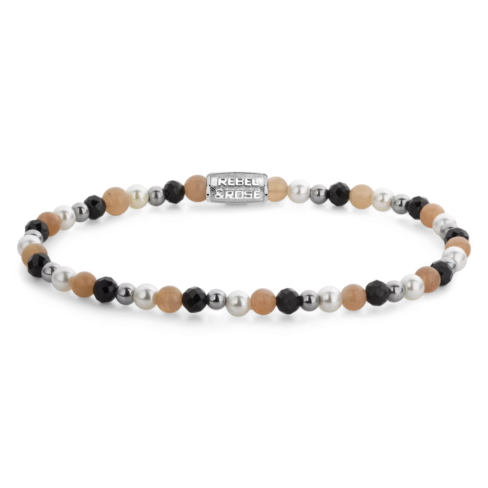 Armband mit schwarzen, weißen und roséfarbenen Steinen sowie silbernen Akzenten