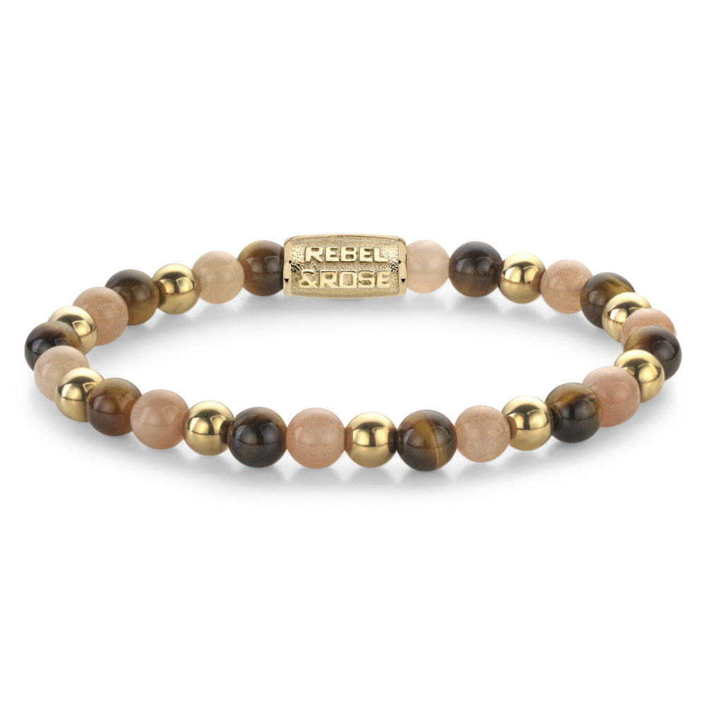 Kettenarmband aus 18 ct gelbgold ionisiert mit 6 mm großen Perlen in verschiedenen Erdtönen und goldenen Akzenten