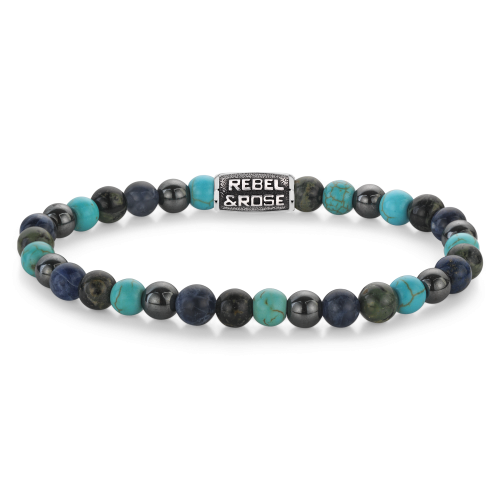 Herrenarmband mit 6 mm großen blauen und grünen Perlen sowie einem silbernen Element