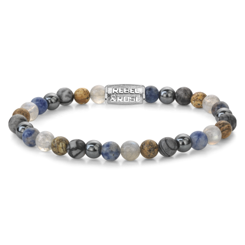 Herren Armband mit bunten 6 mm Perlen aus verschiedenen Steinen und silbernem Element