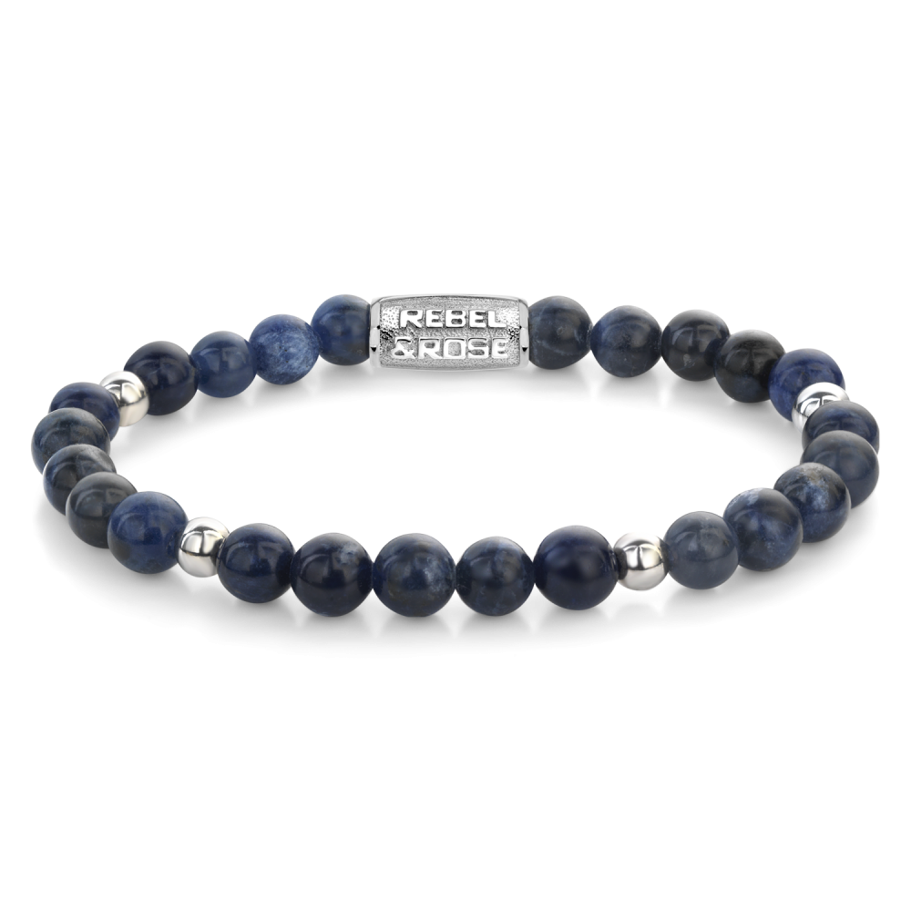 Kettenarmband für Damen mit blauen und grauen Perlen sowie silberner Zwischenstück.