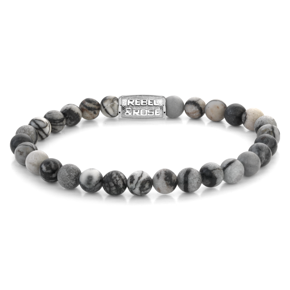 Herren Armband aus 6 mm großen, schwarz-weißen Perlen mit silbernem Element