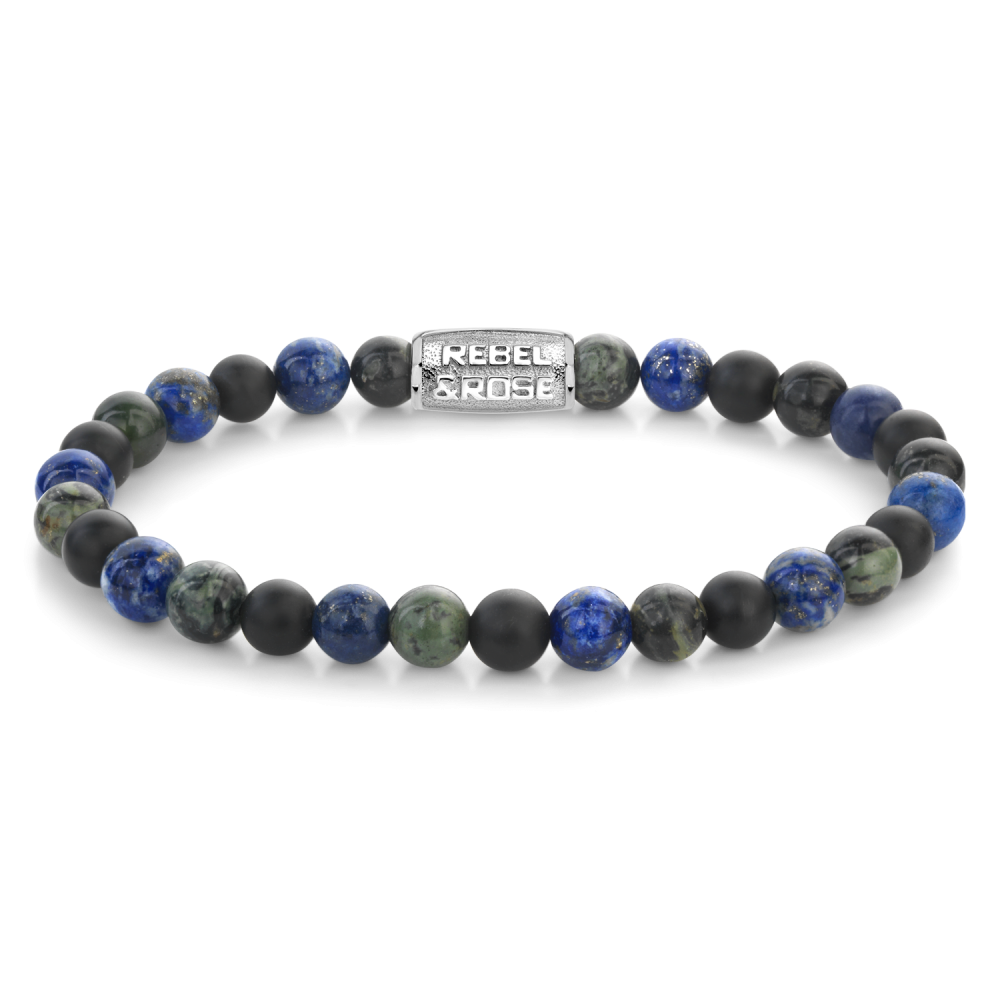 Herren Kettenarmband mit 6 mm großen, matten schwarzen und bunten Steinen sowie silberner Zwischenplatte