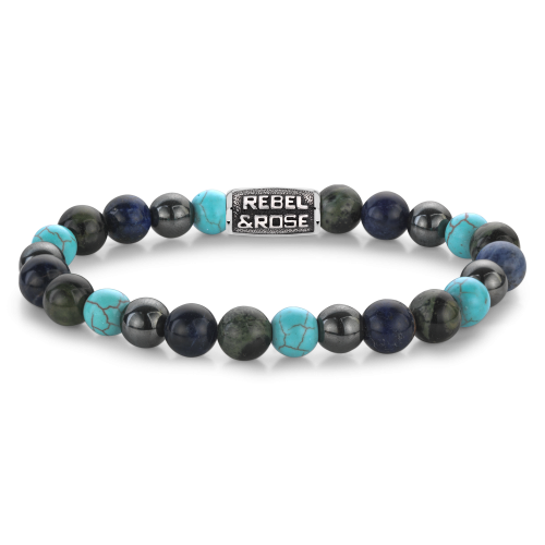 Herren-Armband mit 8 mm großen blauen und schwarzen Perlen sowie einem silbernen Element