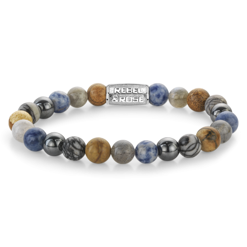 Herrenarmband mit 8 mm großen, bunten Edelsteinkugeln und silberner Zwischenplatte