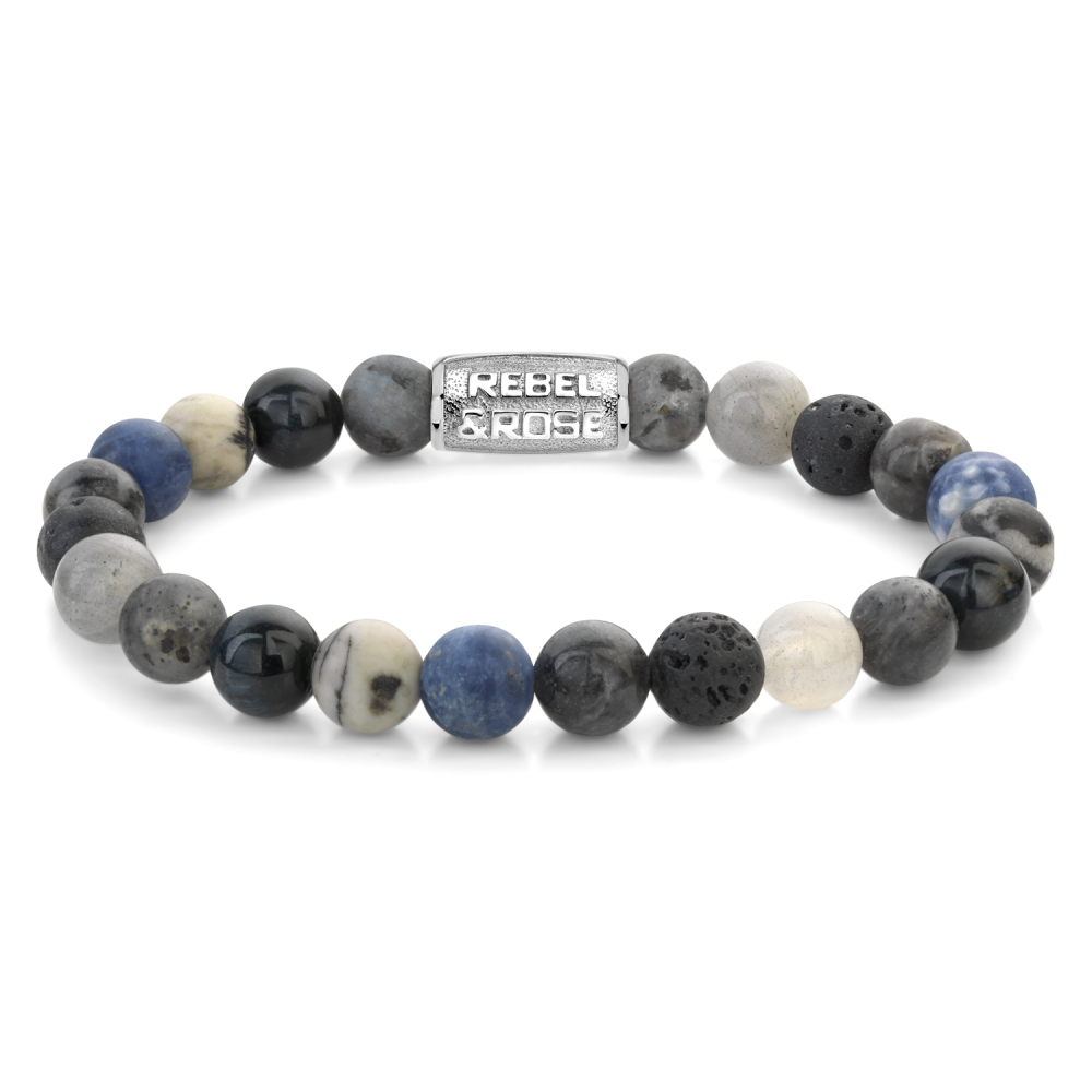 Herren Armband mit 8 mm großen, bunten Perlen aus verschiedenen Steinen und silbernem Element