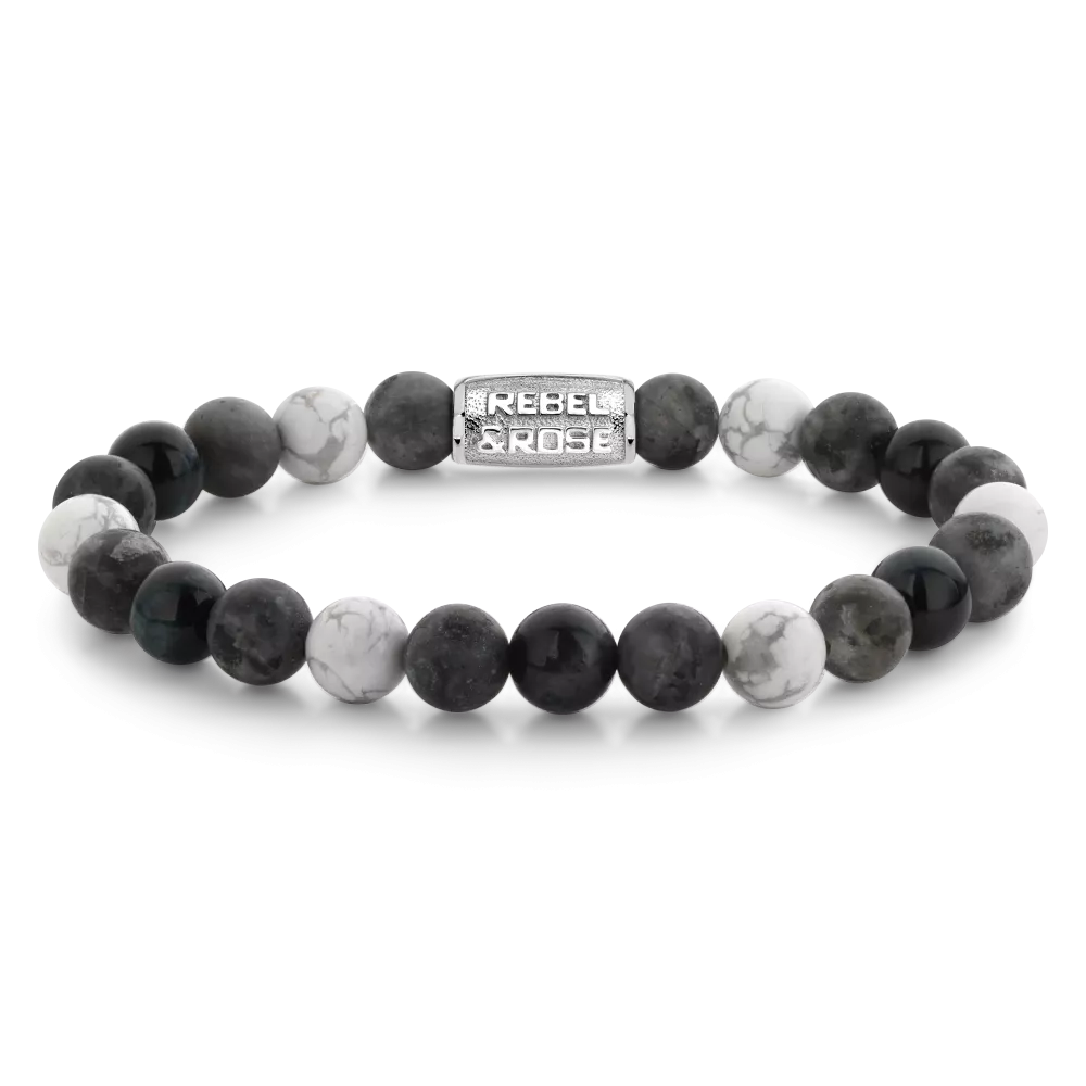 Herren Armband aus 8 mm großen, grauen und schwarzen Perlen mit silbernem Verschluss