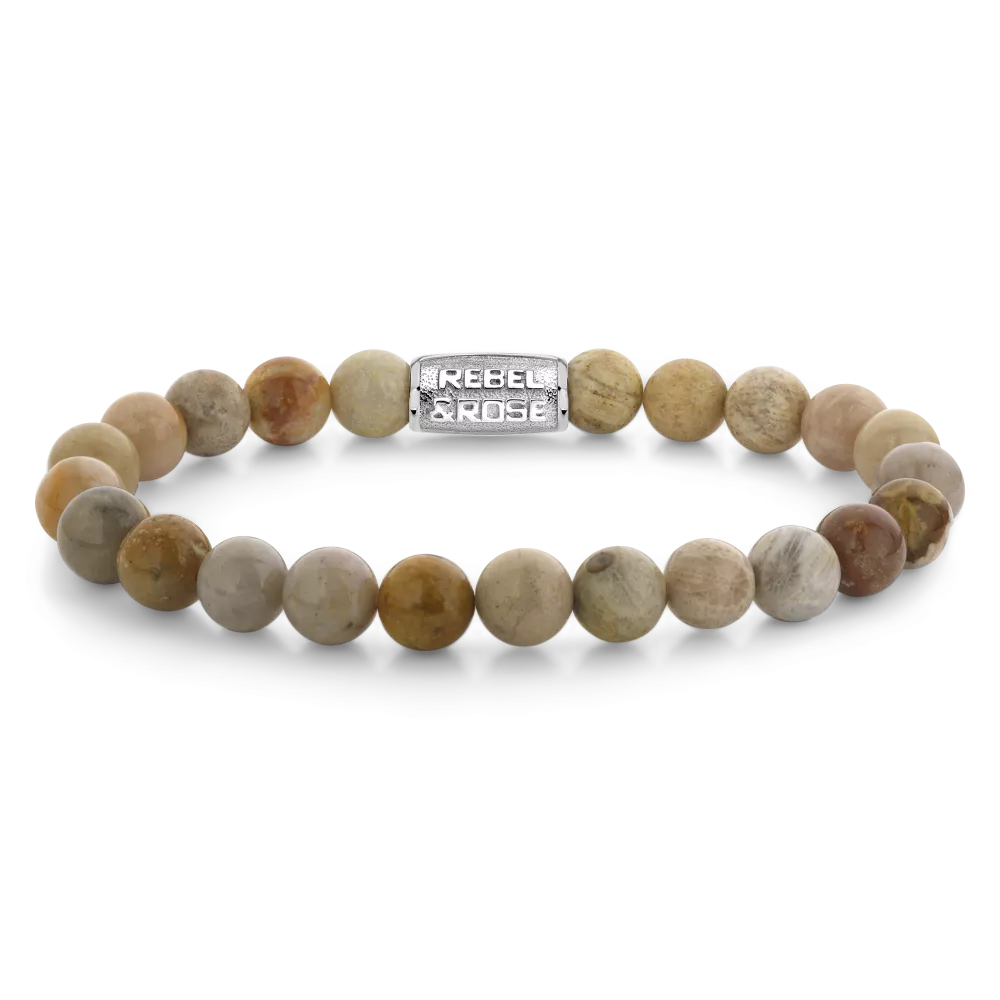Herren Kettenarmband mit 8 mm großen, beigen und braunen Steinperlen und silbernem Element