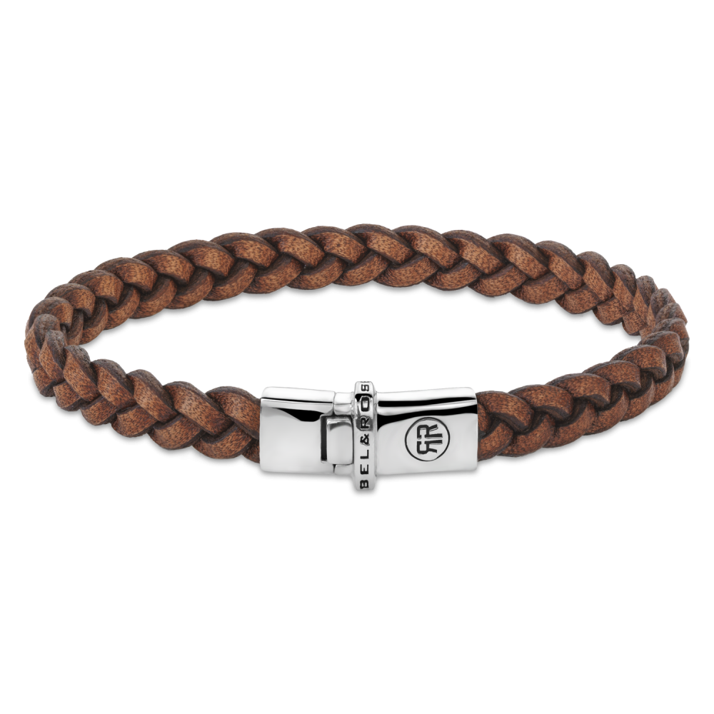 Armband aus geflochtenem cognacfarbenem Leder mit silberner Verschlussmechanik
