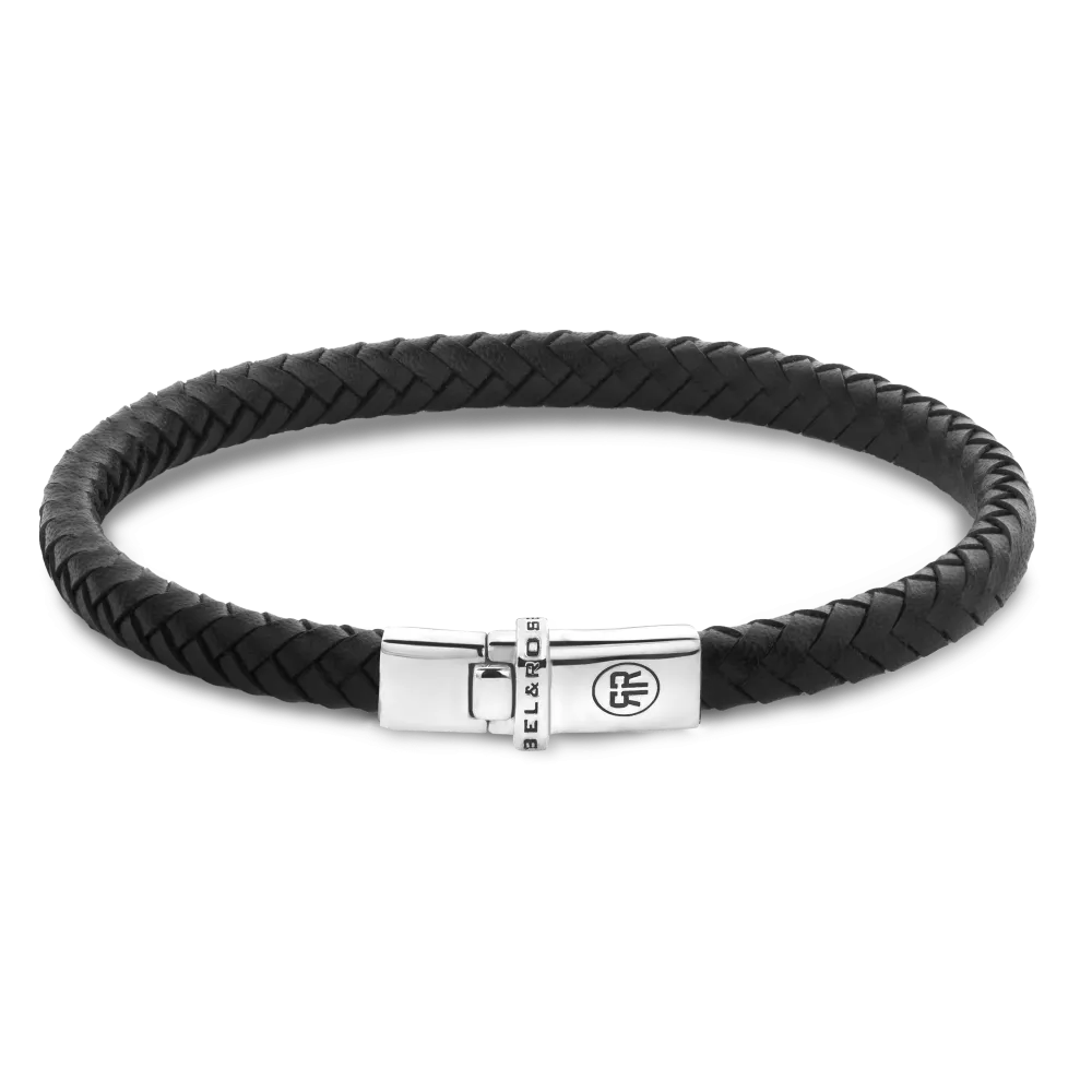 Herrenarmband aus geflochtenem schwarzem Leder mit silberner Verschlussmechanik