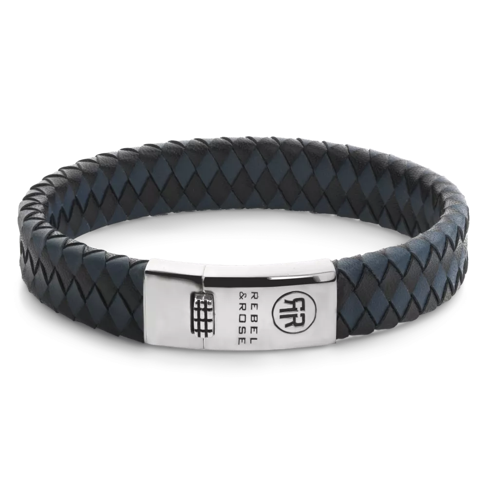 Herrenarmband aus geflochtenem 925er Silber in Schwarz und Blau mit silberner Verschlussplatte