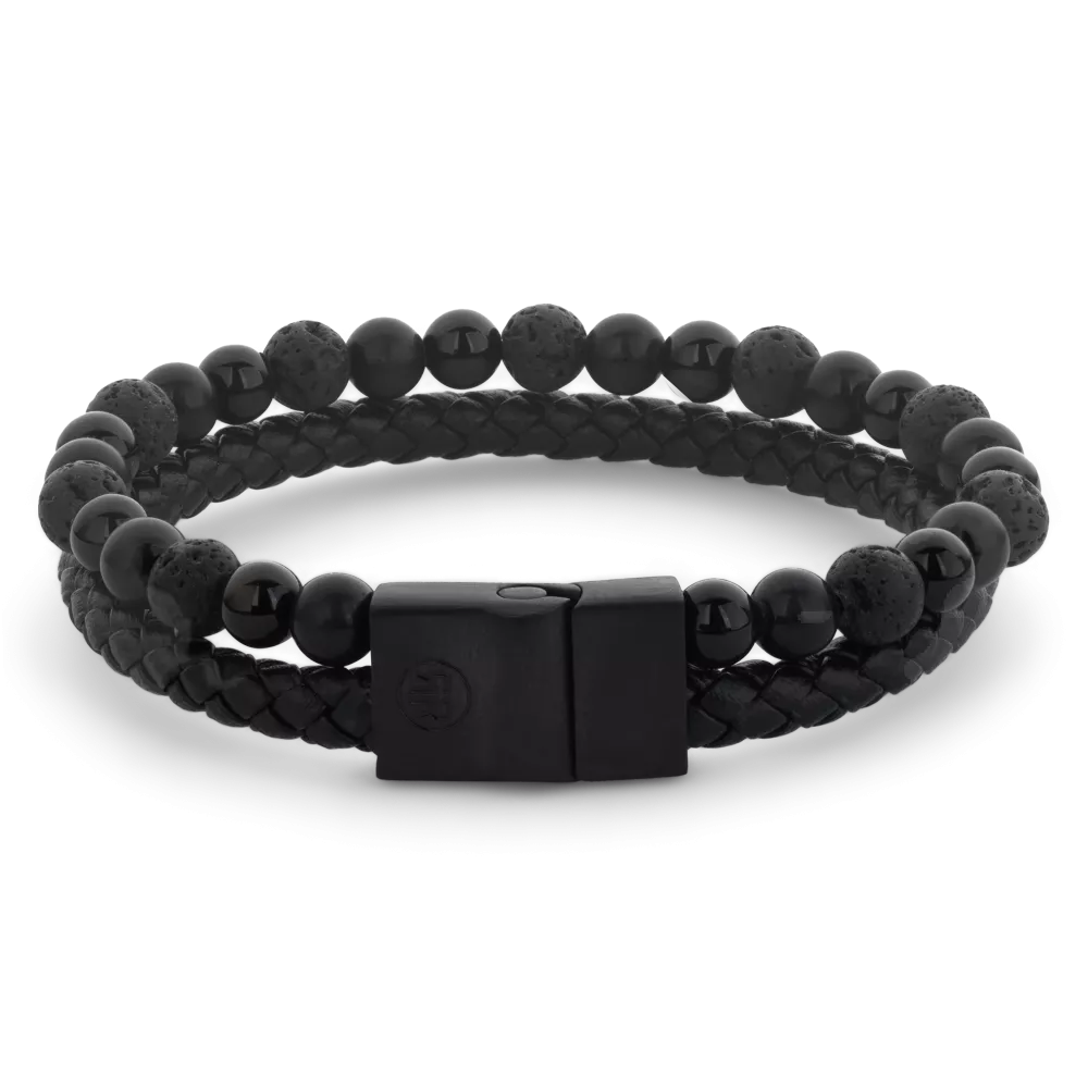 Herren Kettenarmband mit schwarzen Lava- und Onyxperlen sowie geflochtenem schwarzen Lederarmband