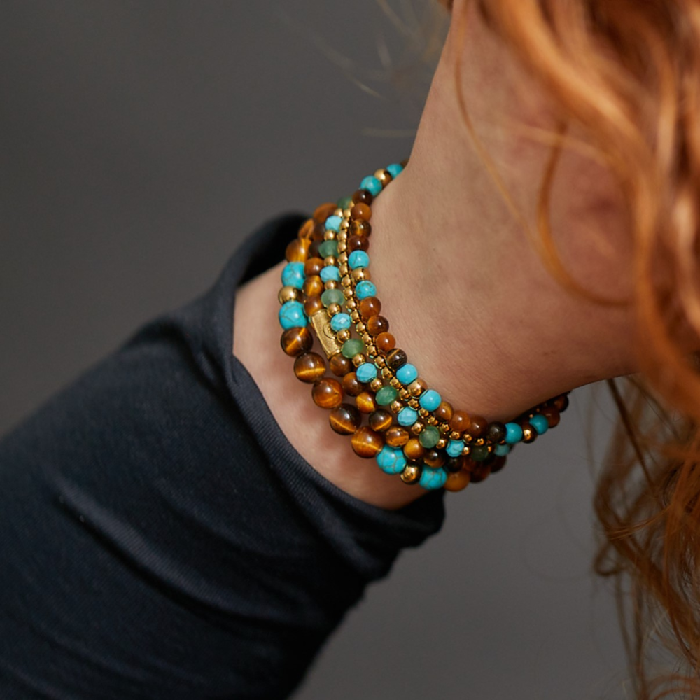 Blue Green Adventure - 18 Karat Gelbgold ionenplattiert - 4mm - Perlenarmband Damen
