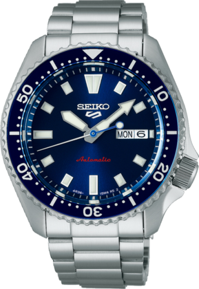 Automatische Seiko 5 Sport Uhr mit blauem Zifferblatt, Edelstahl-Gehäuse und -Armband, Datum und Wochentag.